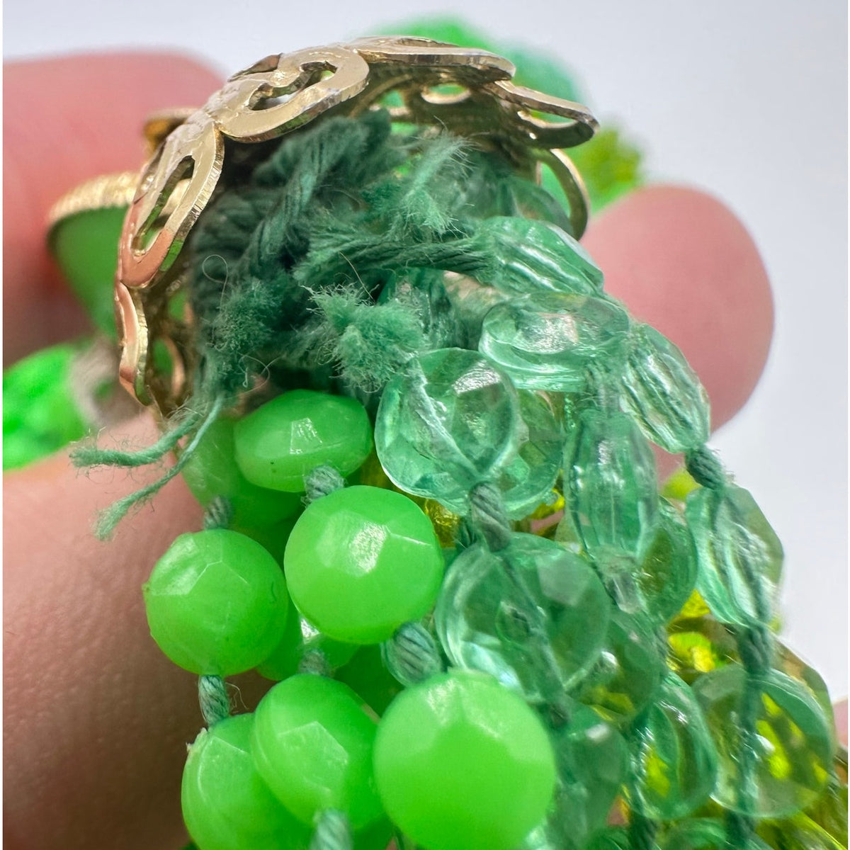 Hong Kong vintage 40" multi strand braided green lucite beads beaded necklace