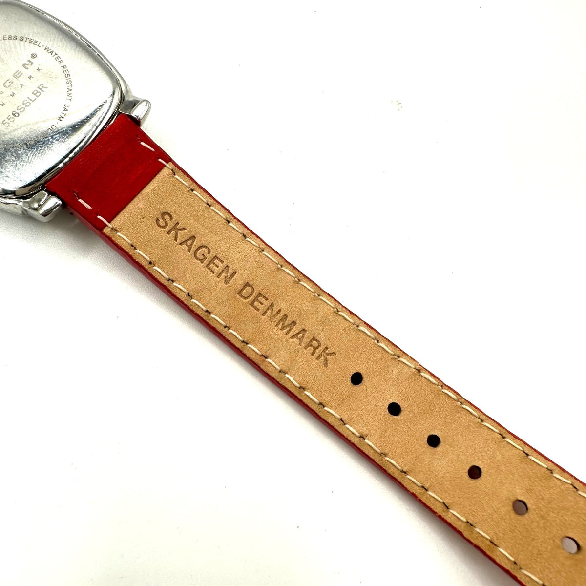 Skagen quartz silver tone mother of pearl rounded square dial red leather watch