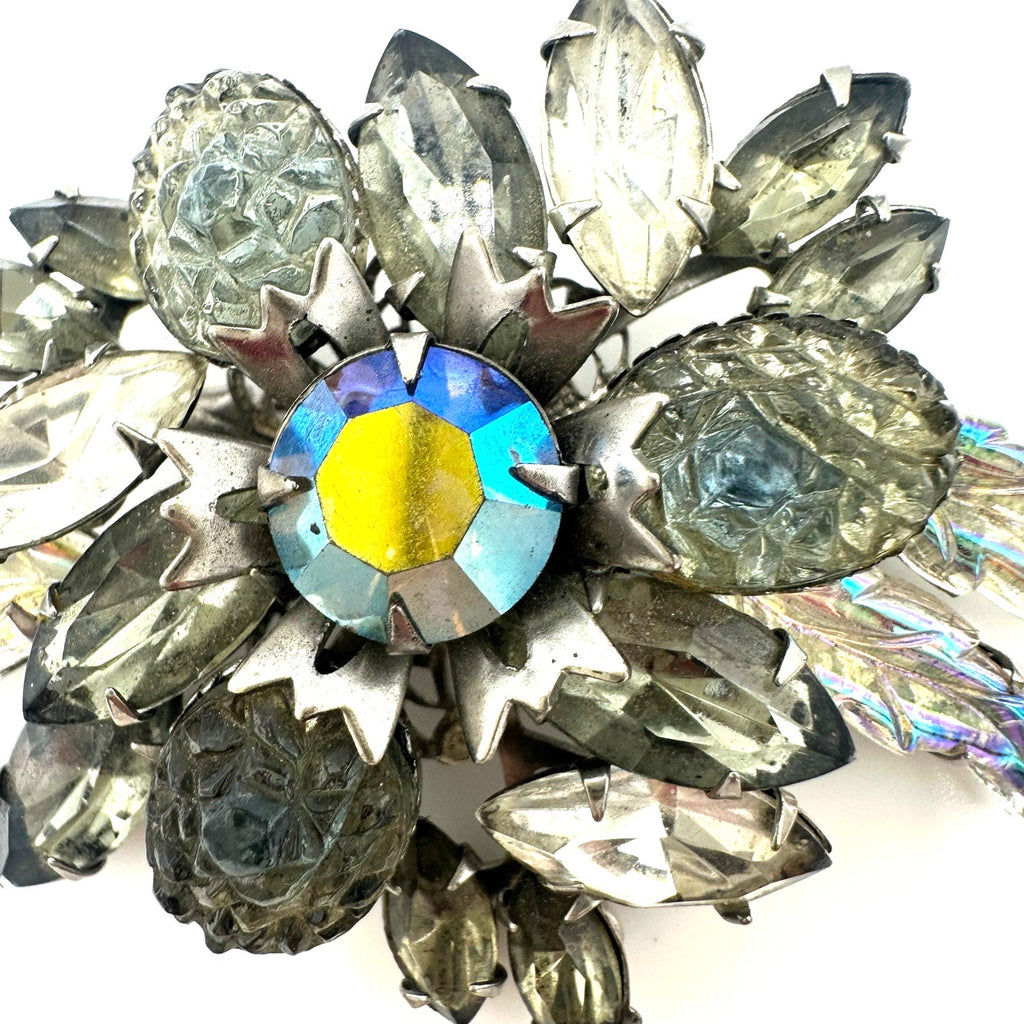 Judy Lee vintage silver tone clear gray molded glass AB rhinestones brooch