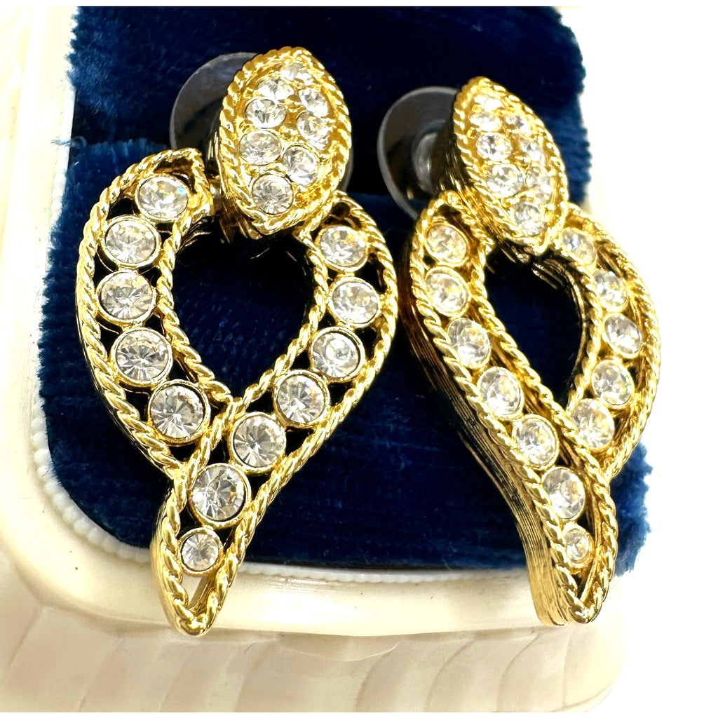 Nolan Miller gold tone clear rhinestones door knocker dangle drop post earrings