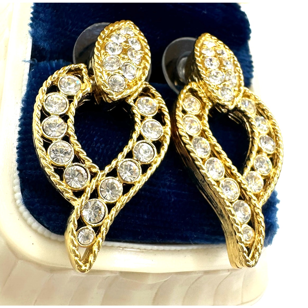 Nolan Miller gold tone clear rhinestones door knocker dangle drop post earrings