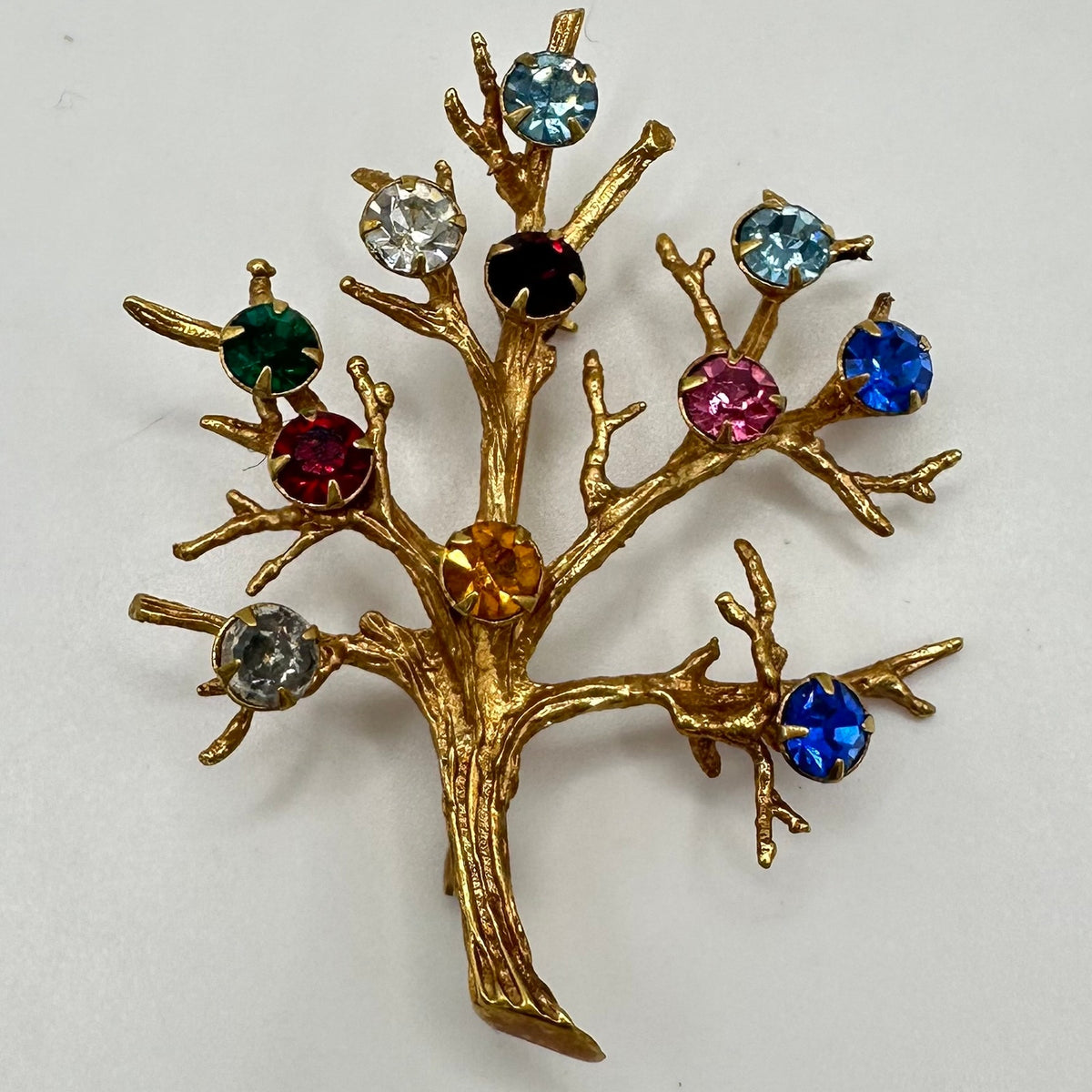 Sarah Coventry vintage gold tone multicolor glass rhinestones family tree brooch