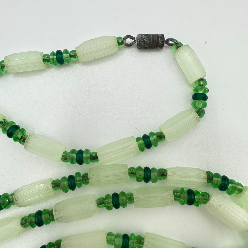 Antique vintage mint emerald green Czech satin art glass beaded 50" necklace