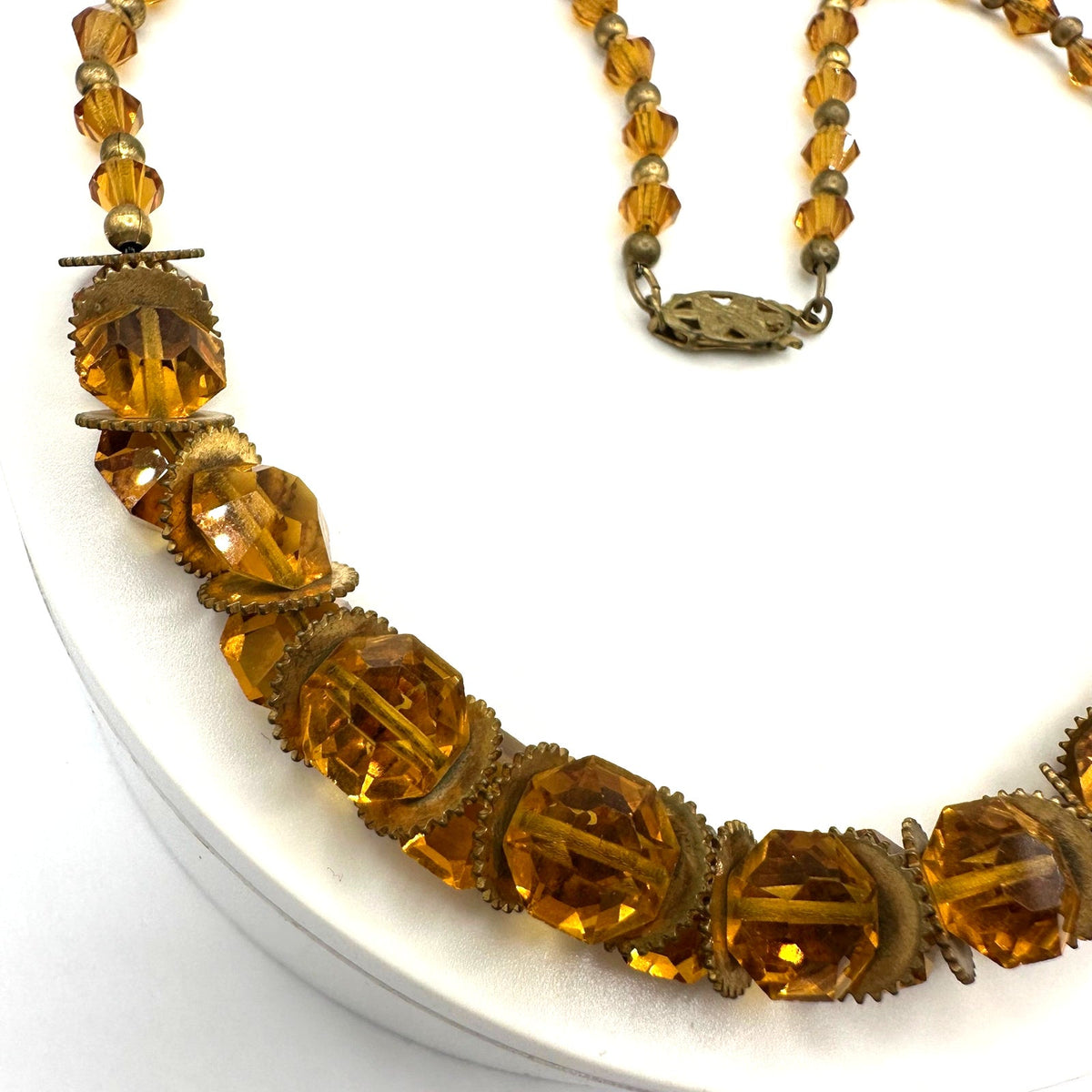 Antique Art Deco amber topaz Czech glass rondelles beaded 16” chain necklace