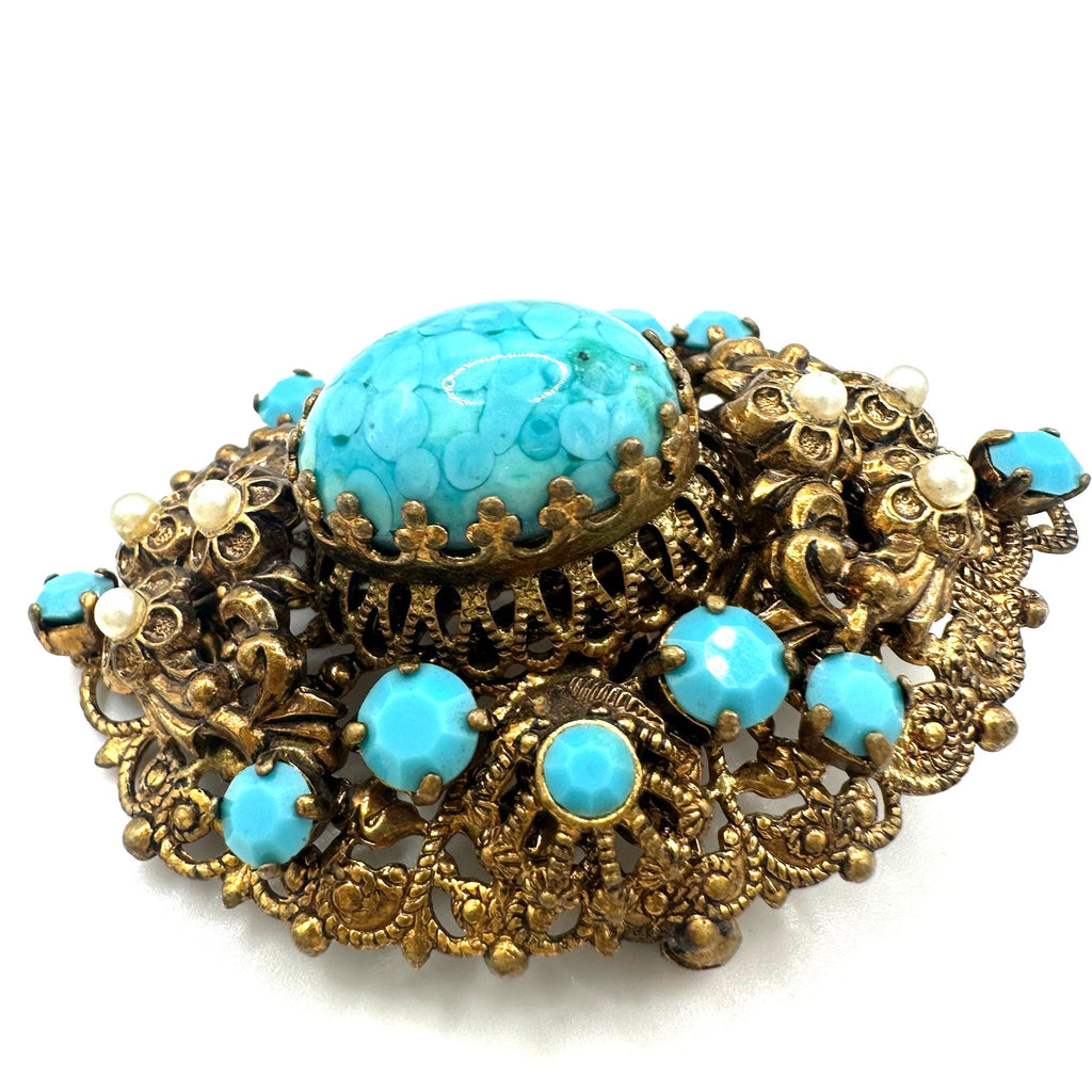 West Germany vintage gold tone turquoise art glass rhinestones brooch pendant