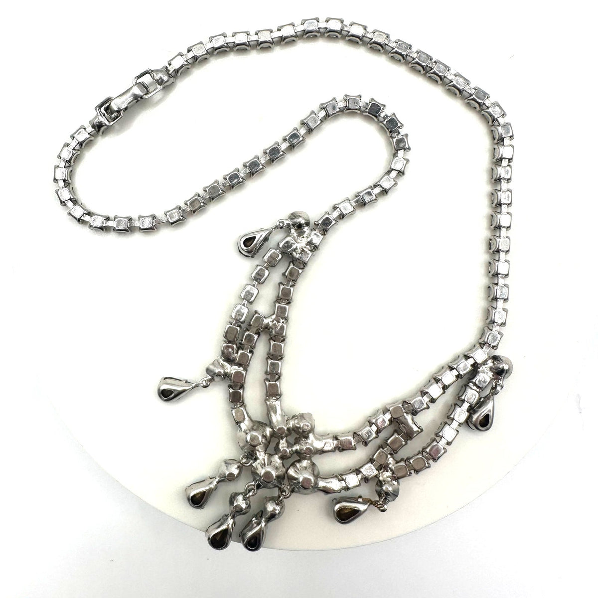 1940s 1950s vintage silver tone clear blue glass rhinestones drops swag necklace