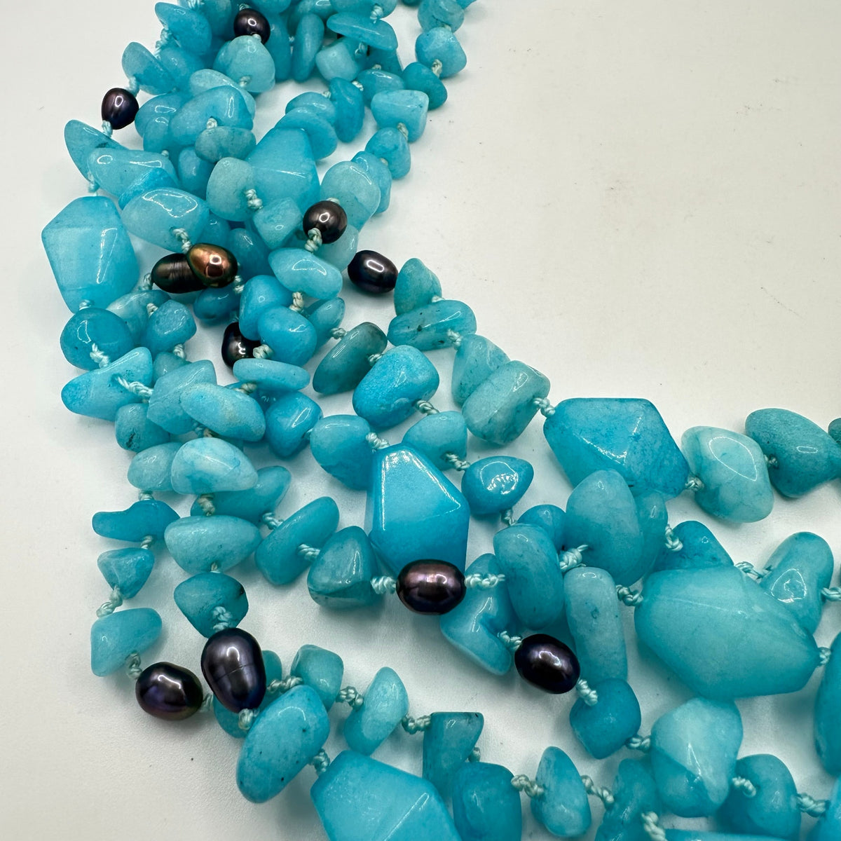 Handmade Caribbean blue quartz freshwater pearls 6 multi strand beaded necklace