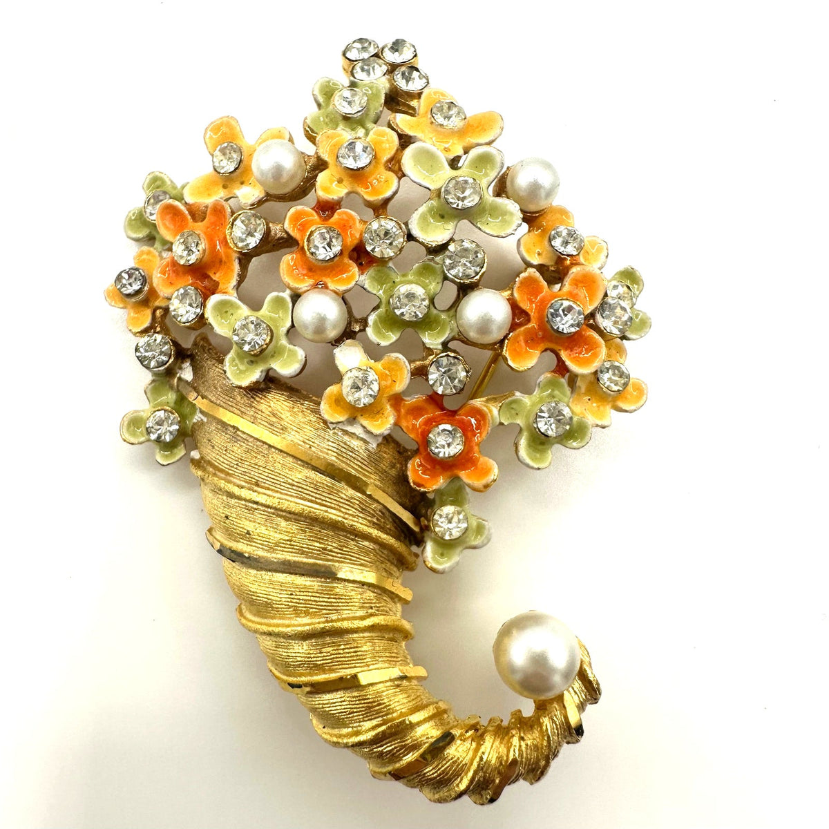 BSK vintage gold tone cornucopia multicolor enamel flowers rhinestones brooch