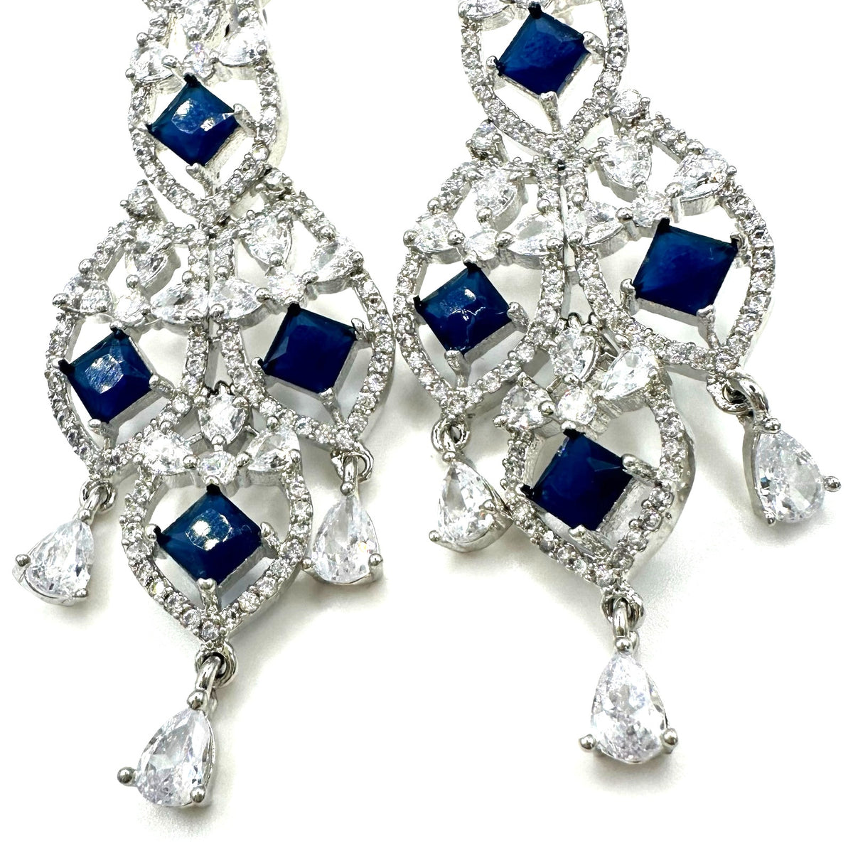 Silver tone blue faux sapphire clear cubic zirconia CZ drop post earrings