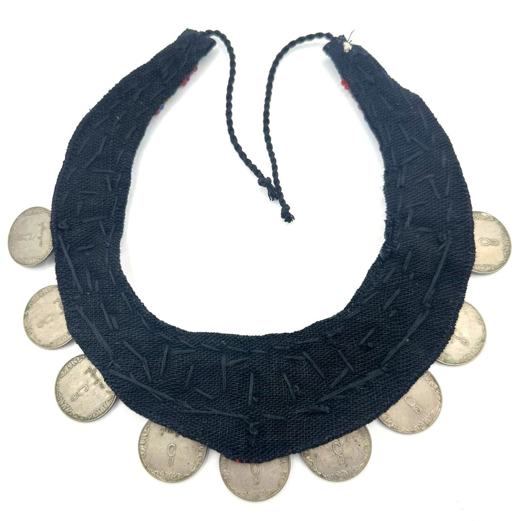 Vintage real Burmese coins beaded cowrie shells black bib statement necklace
