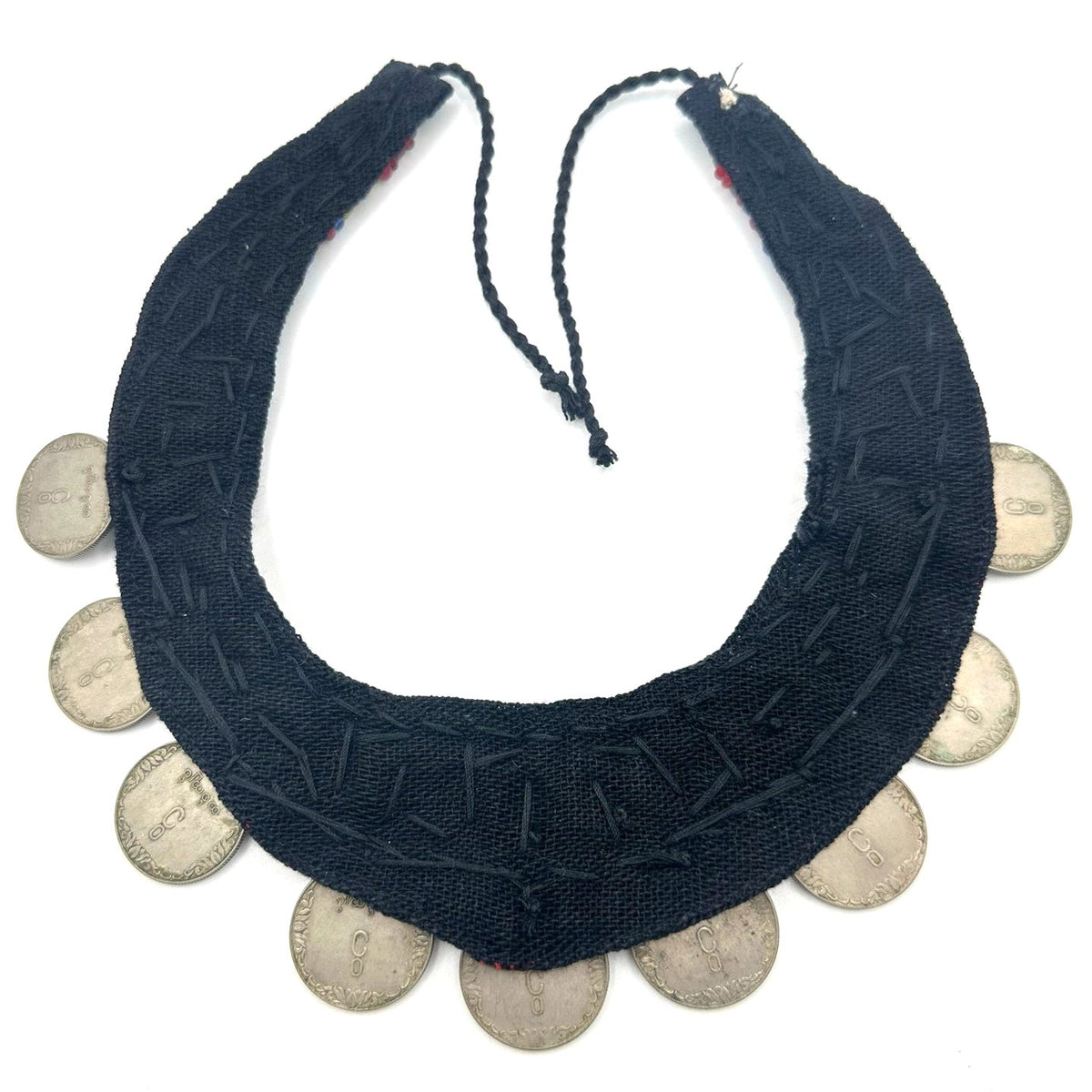 Vintage real Burmese coins beaded cowrie shells black bib statement necklace
