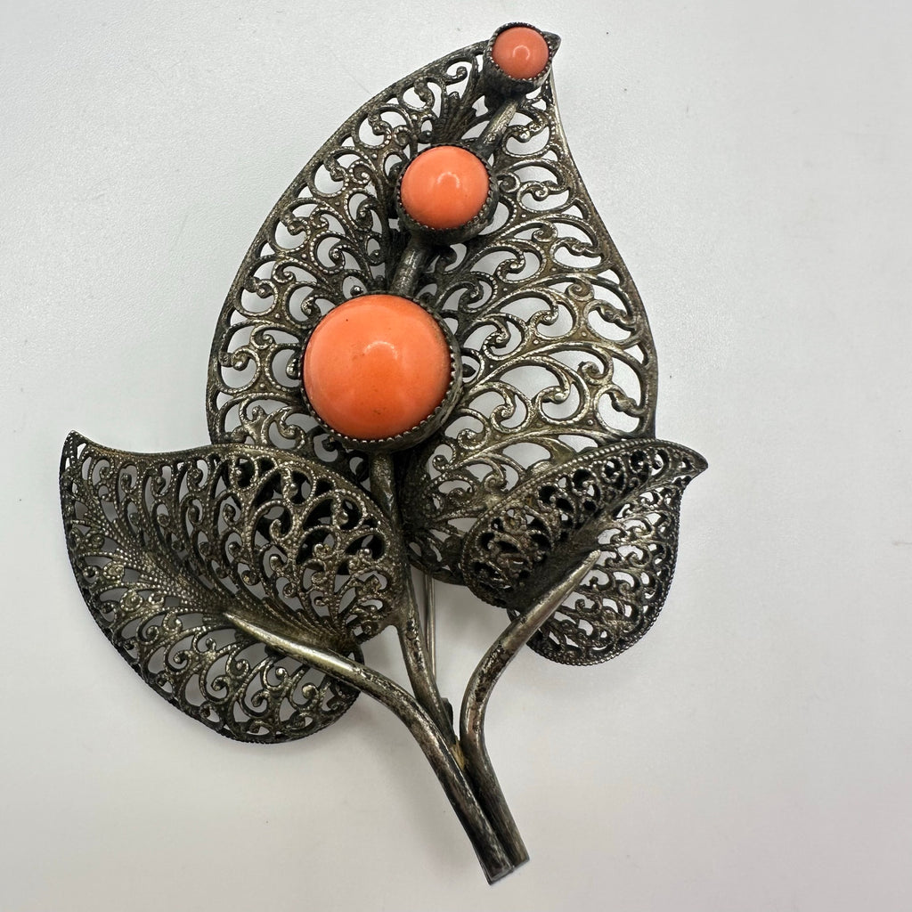 Vintage intricate silver tone filigree leaves orange glass cabochons brooch pin