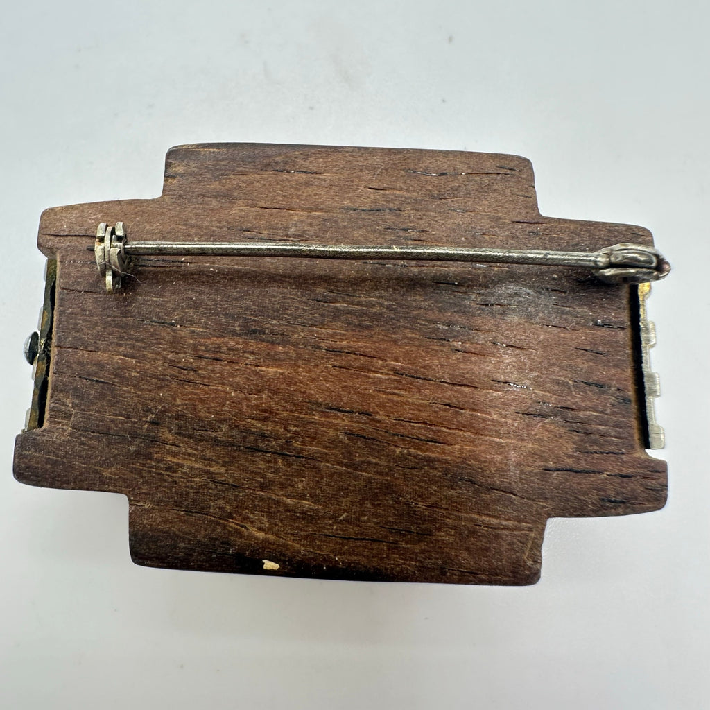 Antique Art Deco 1930s polished brown woodgrain wood silver tone brooch
