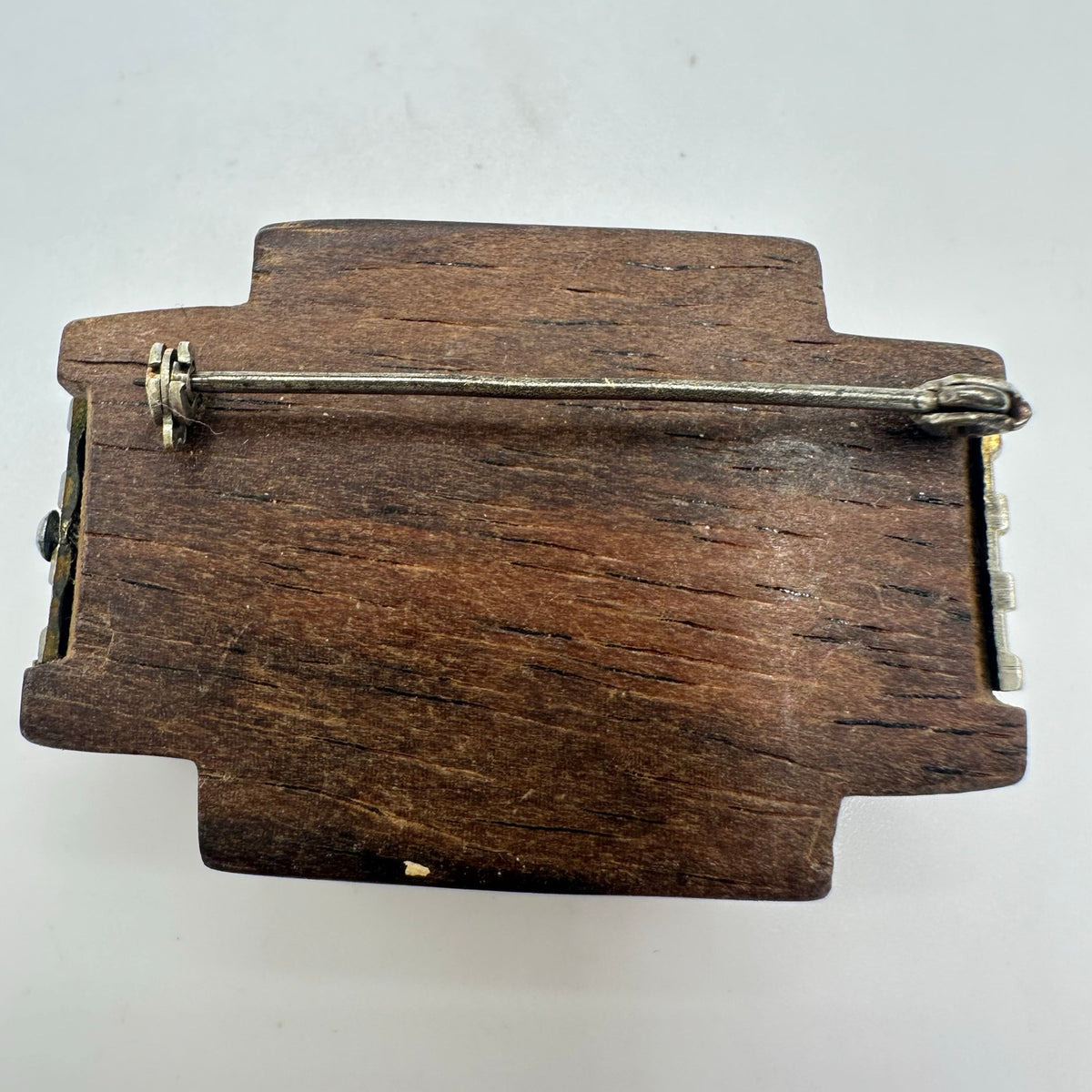 Antique Art Deco 1930s polished brown woodgrain wood silver tone brooch