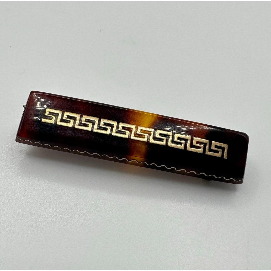 Antique Victorian 1870s Pique "faux" tortoise shell 14kt gold inlay brooch