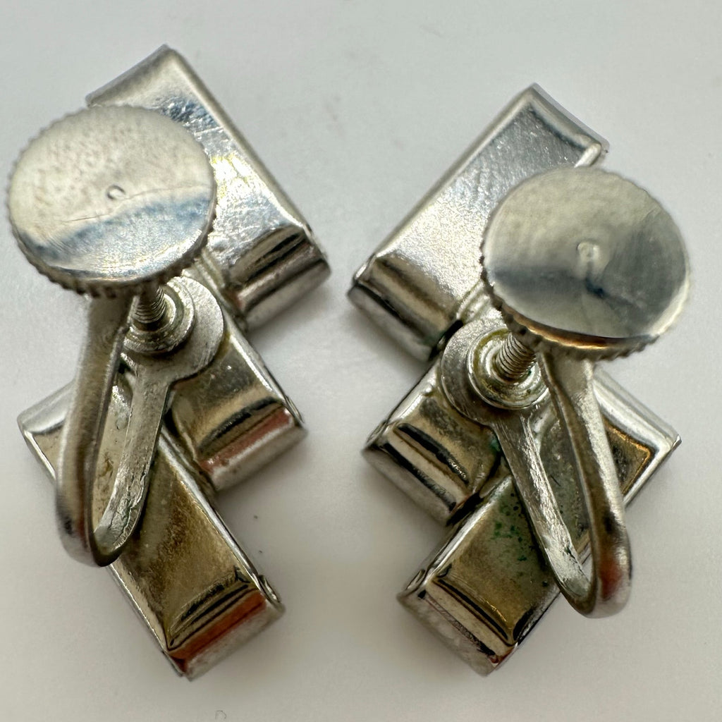 1940s vintage retro clear square rhinestones silver tone screw back earrings