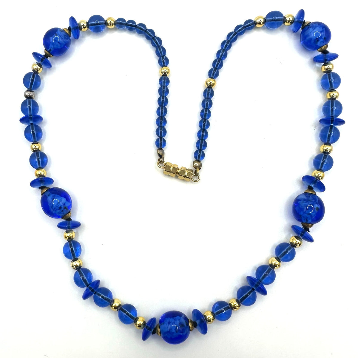 Vintage Art Deco Revival blue glass beads gold tone 21" graduated necklace