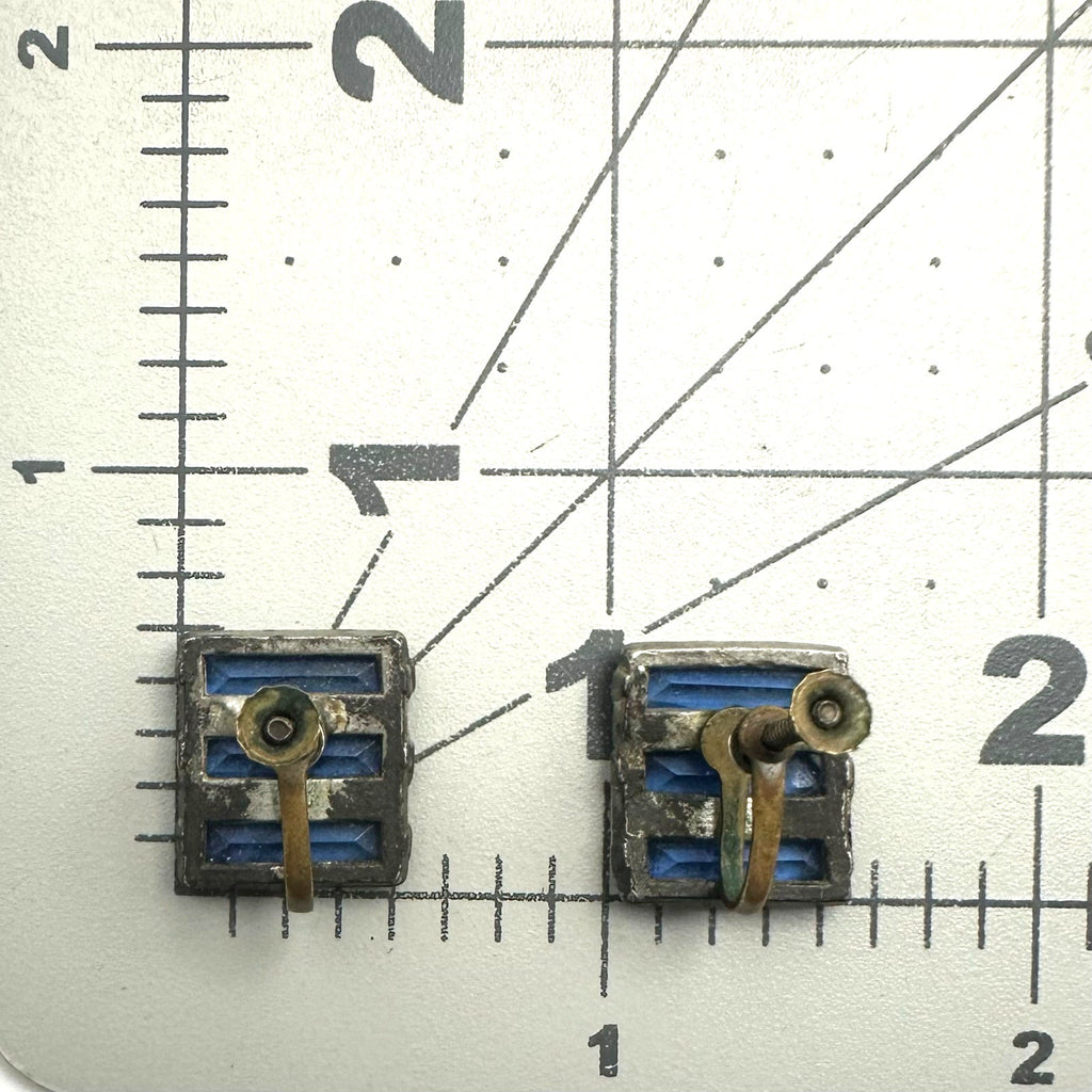 Antique Art Deco blue Vauxhall Czech glass rhinestones brass screw back earrings