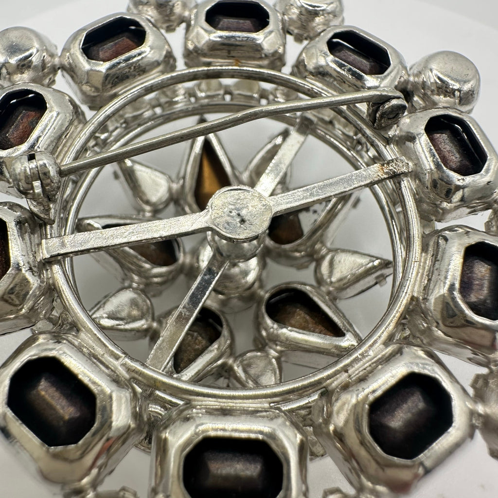 1950s vintage silver tone clear rhinestones sawtooth prong round domed 3D brooch