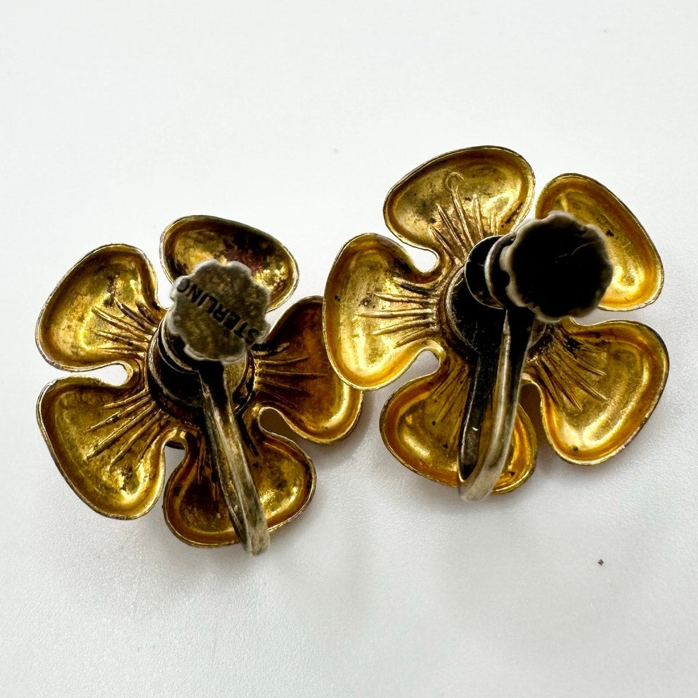 1940s sterling silver gold plated flowers purple rhinestones screw back earrings