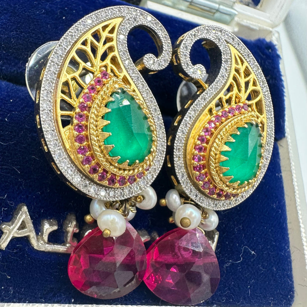 Indian Bridal gold kundan real ruby pearls cubic zirconia green glass earrings
