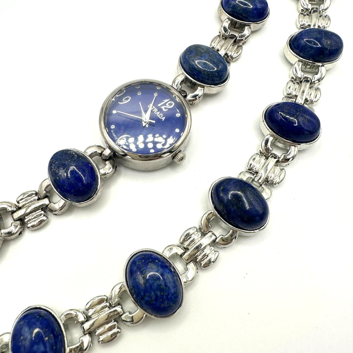 Strada silver tone genuine blue lapis lazuli quartz ladies watch bracelet set