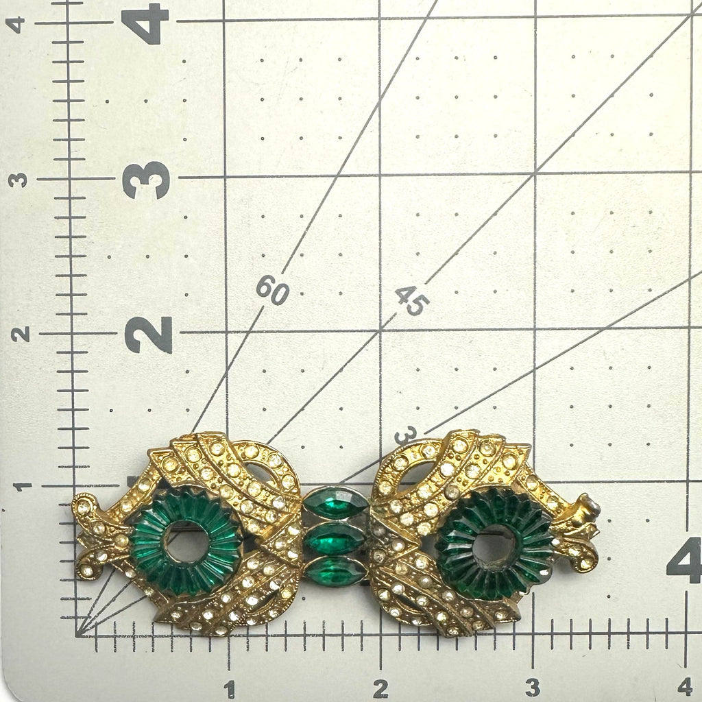 1930s antique Art Deco gold tone pot metal green clear Czech rhinestones brooch