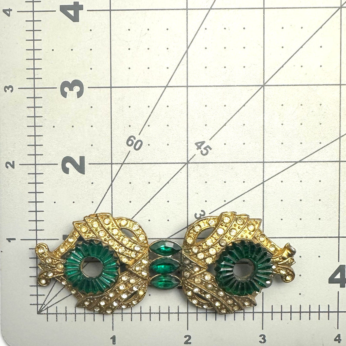 1930s antique Art Deco gold tone pot metal green clear Czech rhinestones brooch