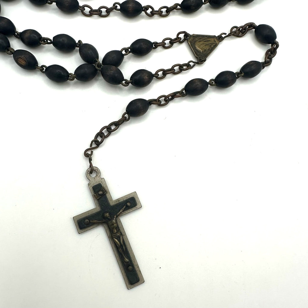 Antique Catholic brass black ebony beads beaded rosary prayer necklace