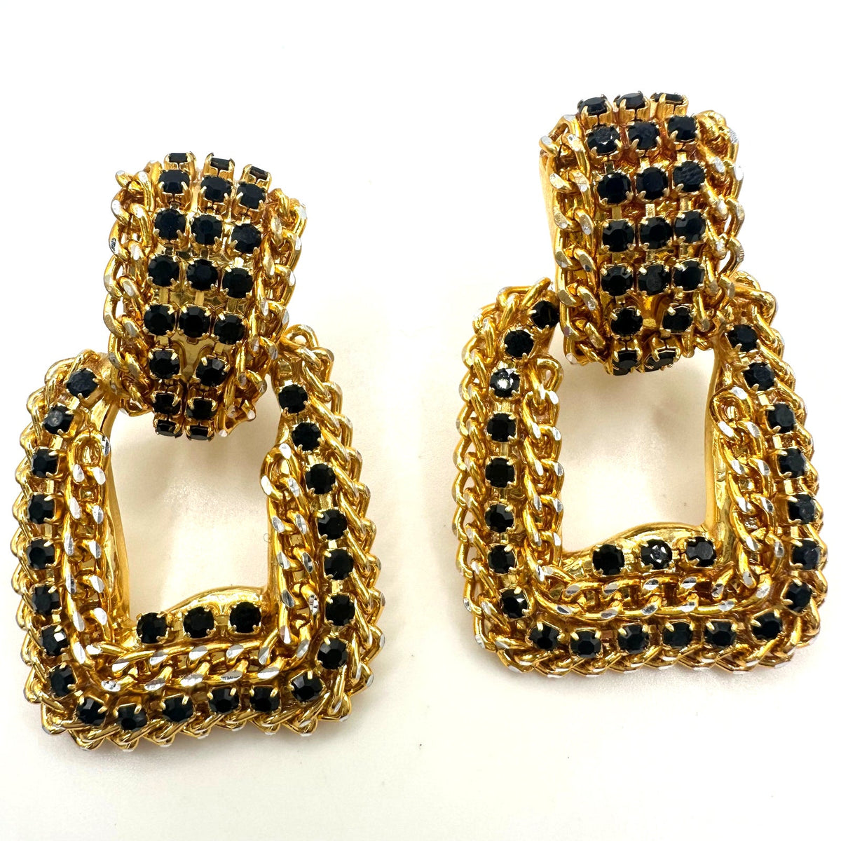 Vintage gold silver two tone black rhinestones door knocker clip on earrings