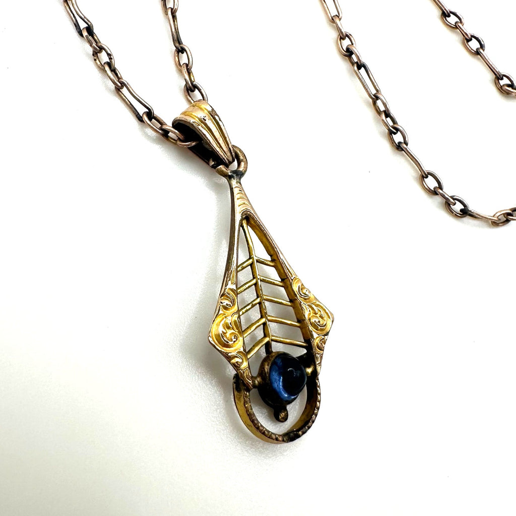 Antique Victorian Edwardian gold filled chain blue glass pendant necklace