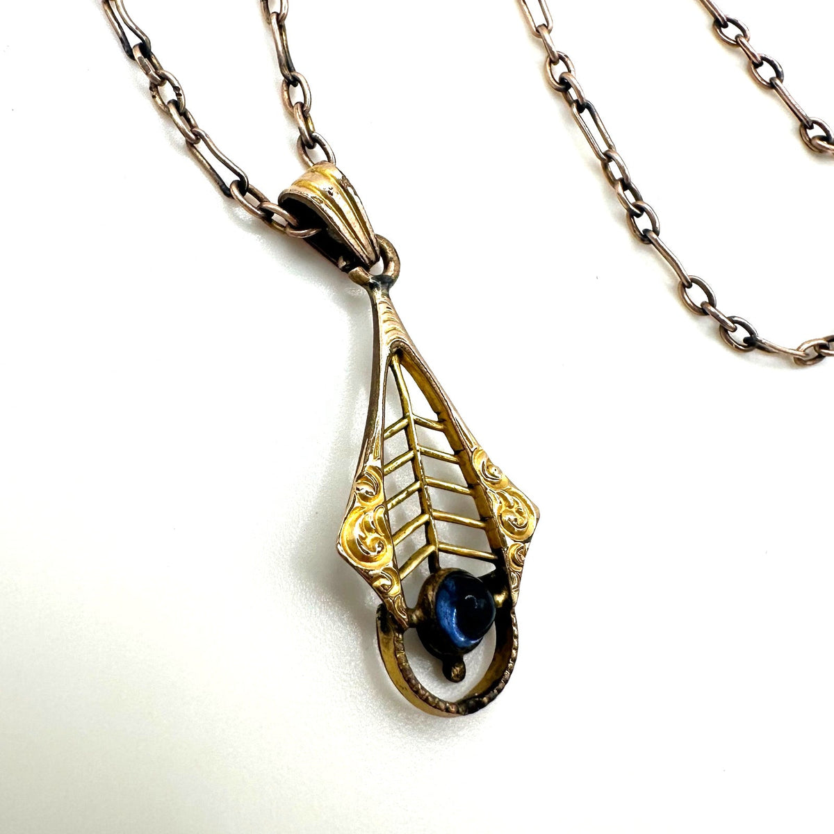 Antique Victorian Edwardian gold filled chain blue glass pendant necklace