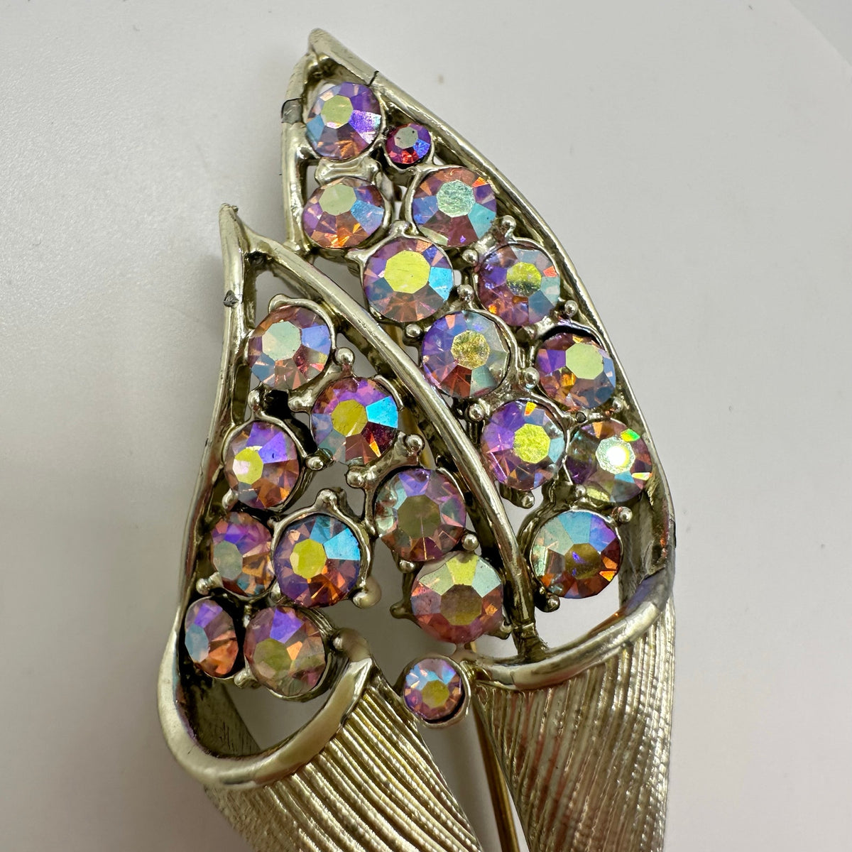 Coro Pegasus vintage gold tone pink aurora borealis AB rhinestones flower brooch