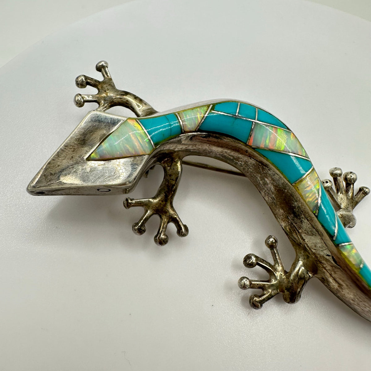 Native American sterling silver fire opal turquoise inlay lizard brooch pendant