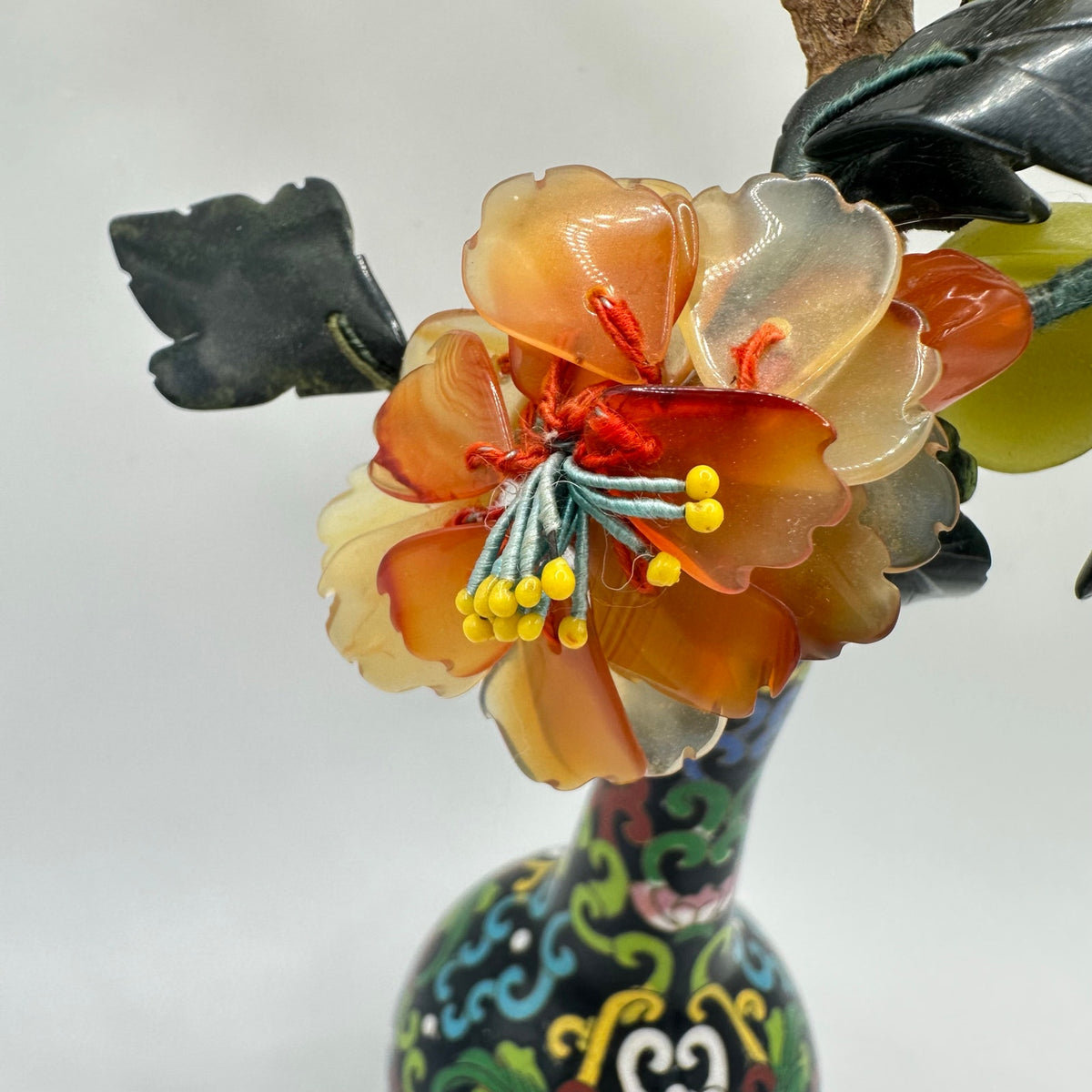 Vintage Chinese cloisonné enamel vase guilloche bird semiprecious flowers tree