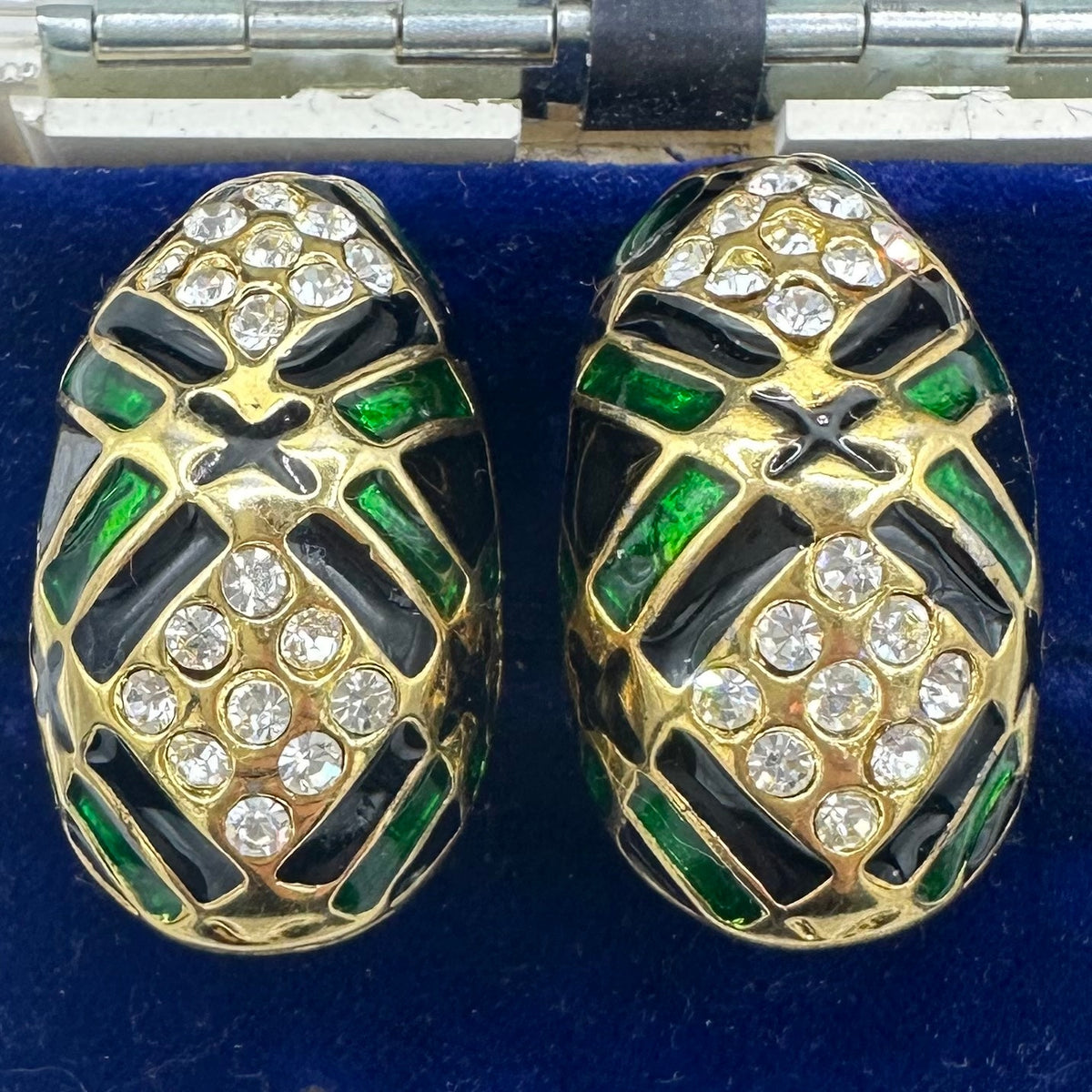 1980s vintage gold tone clear rhinestones black green enamel half hoops earrings