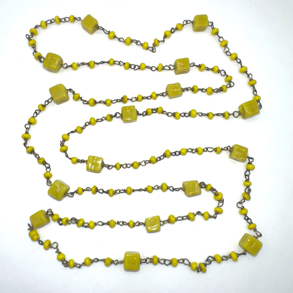 Antique Art Deco Czech yellow art cadmium glass beads beaded brass 41" necklace