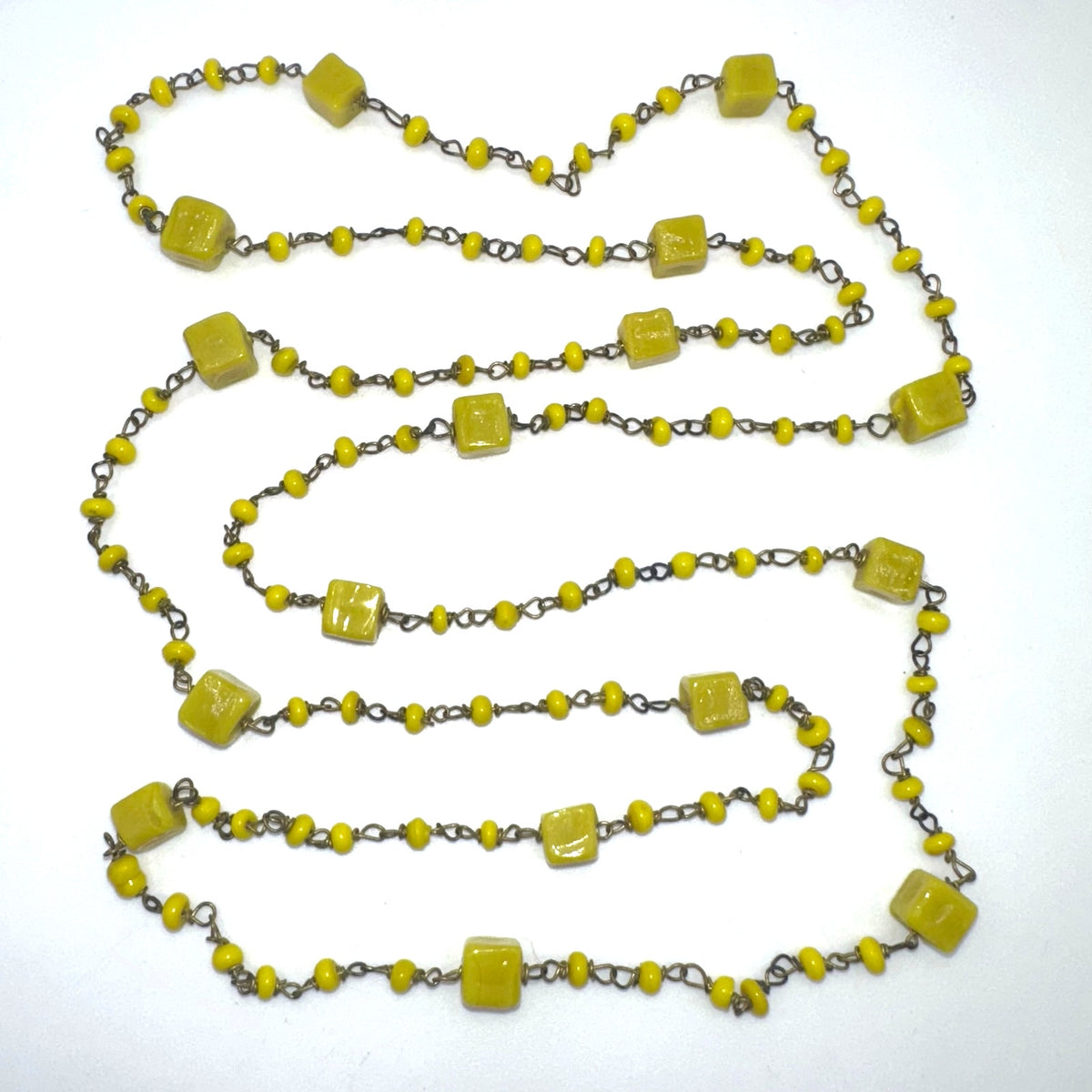Antique Art Deco Czech yellow art cadmium glass beads beaded brass 41" necklace