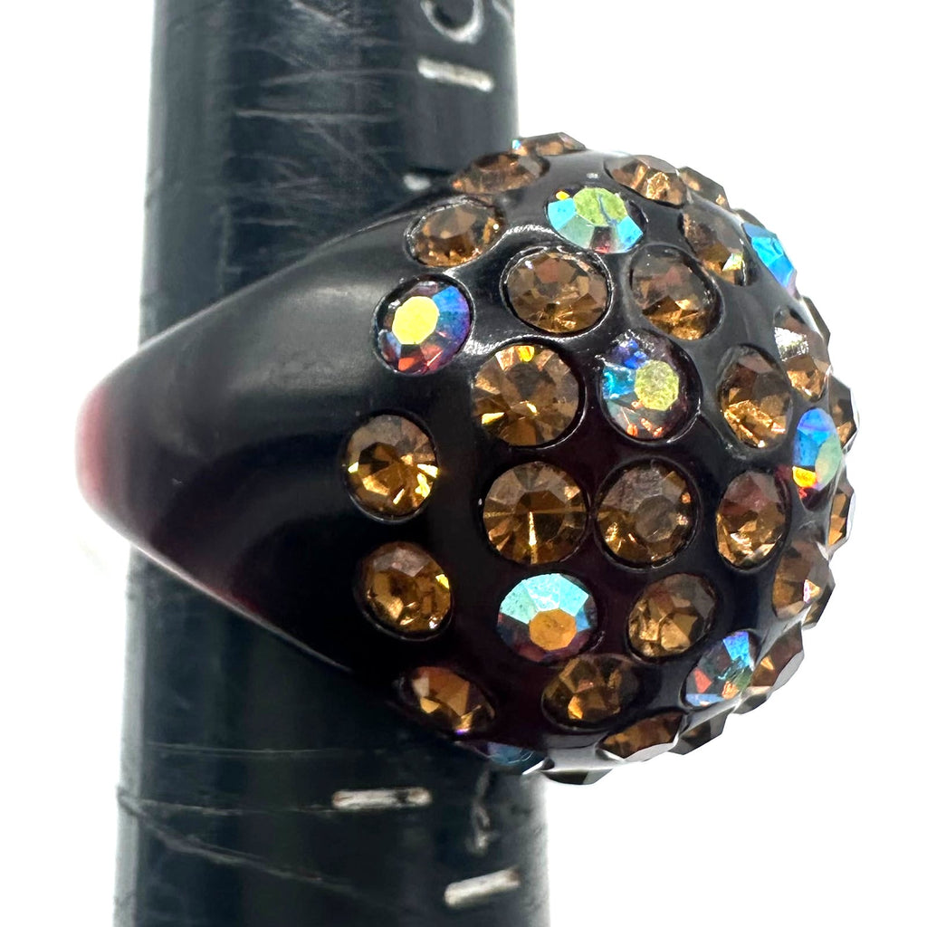 Vintage black cherry red lucite brown root beer AB rhinestones domed ring 6.5