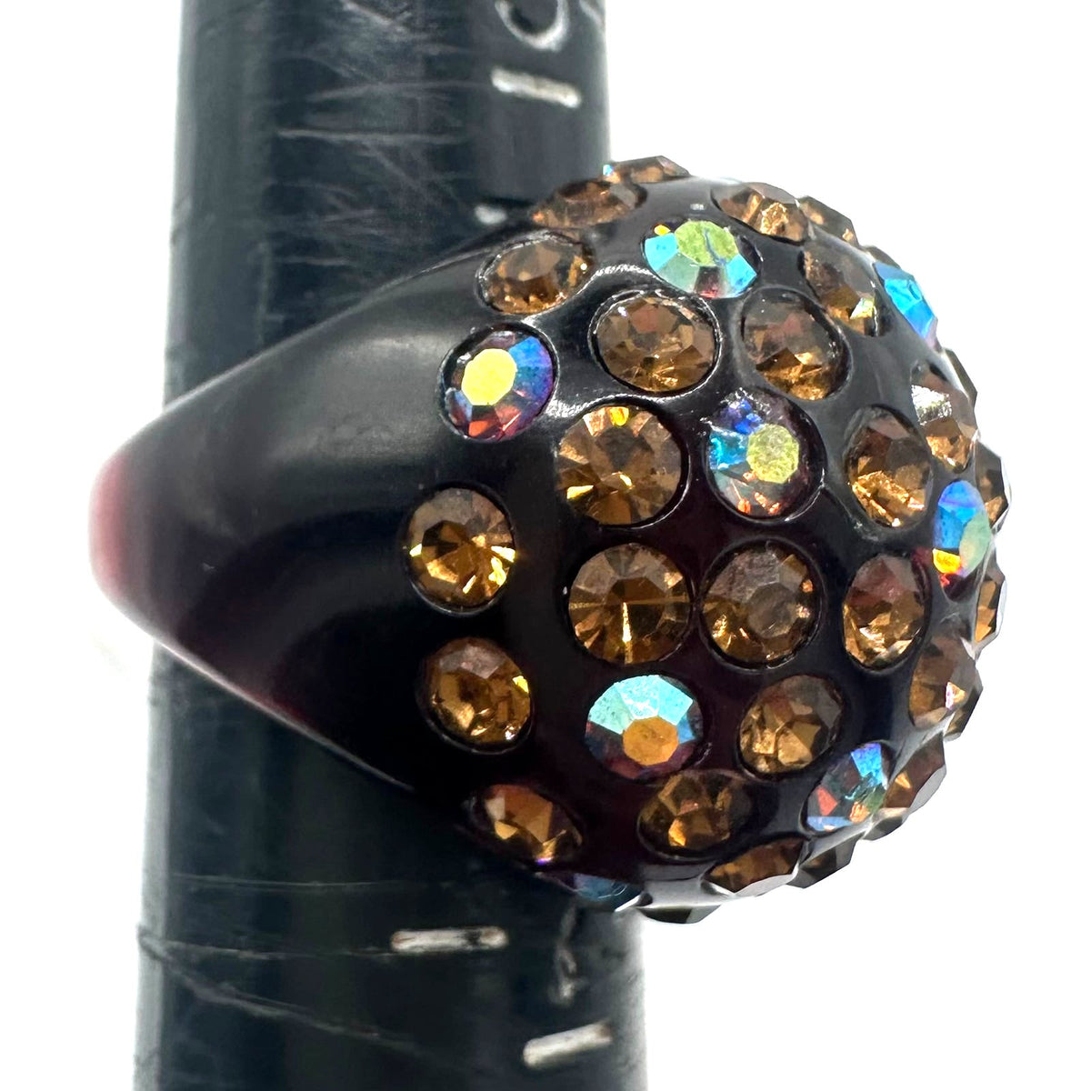 Vintage black cherry red lucite brown root beer AB rhinestones domed ring 6.5