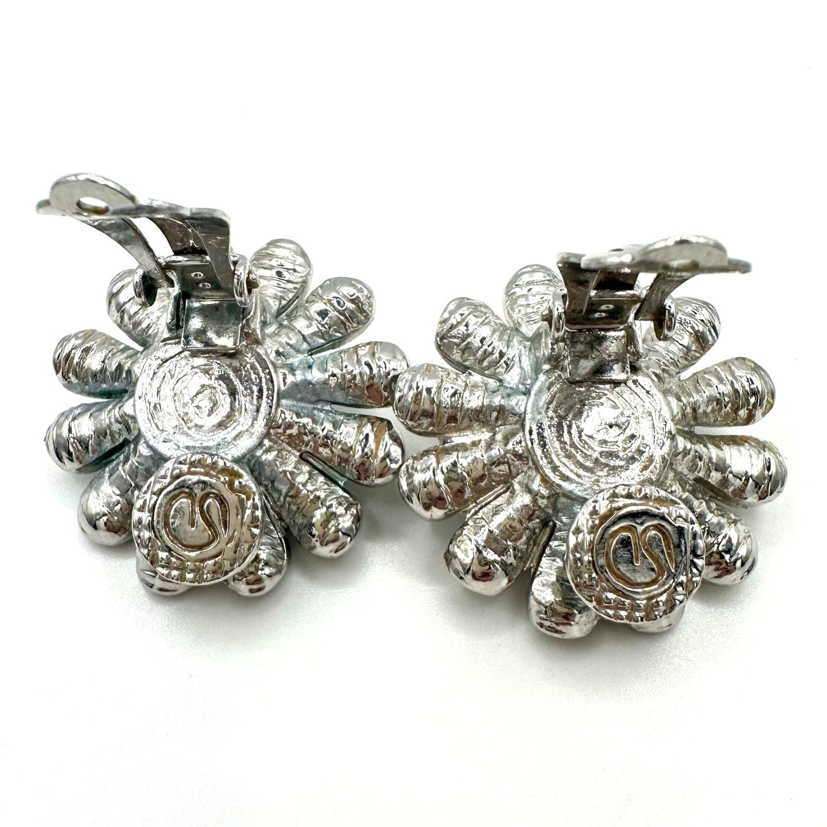 St. John vintage silver tone rhinestones faux black pearl clip on earrings