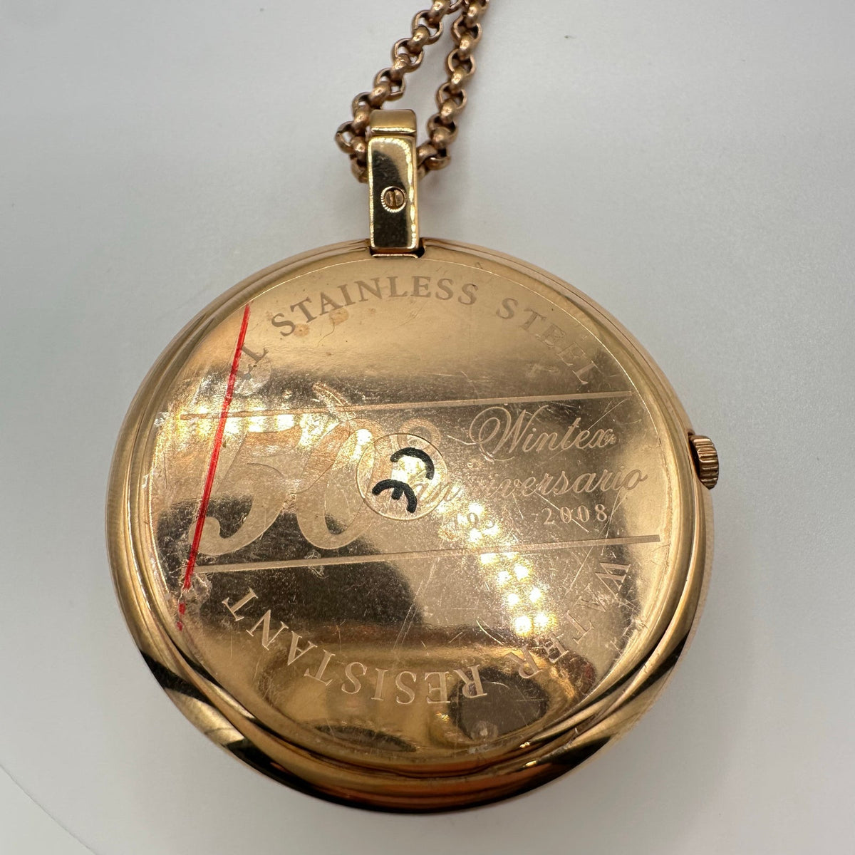 Wintex rose gold pink enamel clear rhinestones quartz pocket watch necklace
