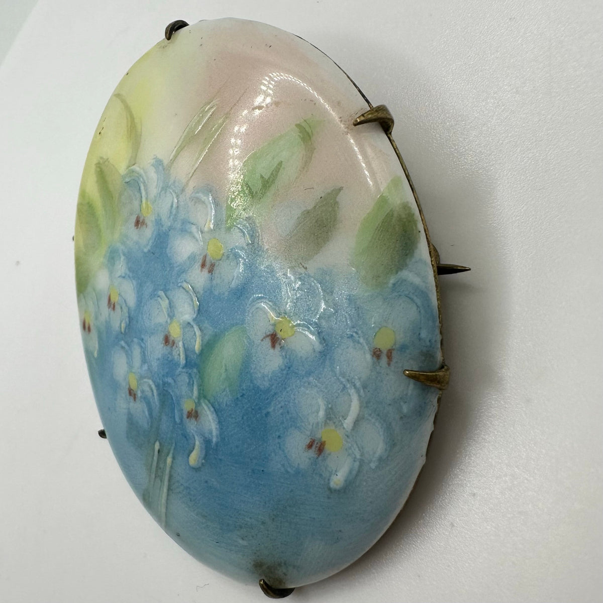 Antique Victorian Edwardian hand painted blue pink green floral brooch pin