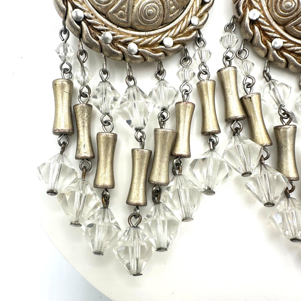 Vintage champagne gold tone clear beaded crystal drops dangle clip on earrings