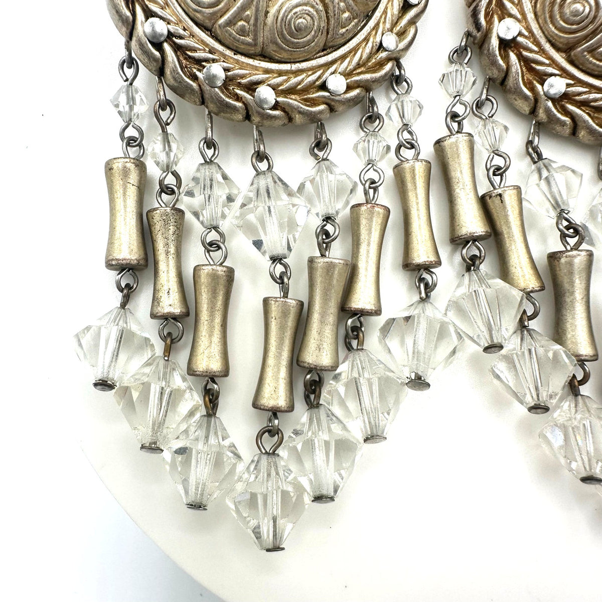 Vintage champagne gold tone clear beaded crystal drops dangle clip on earrings