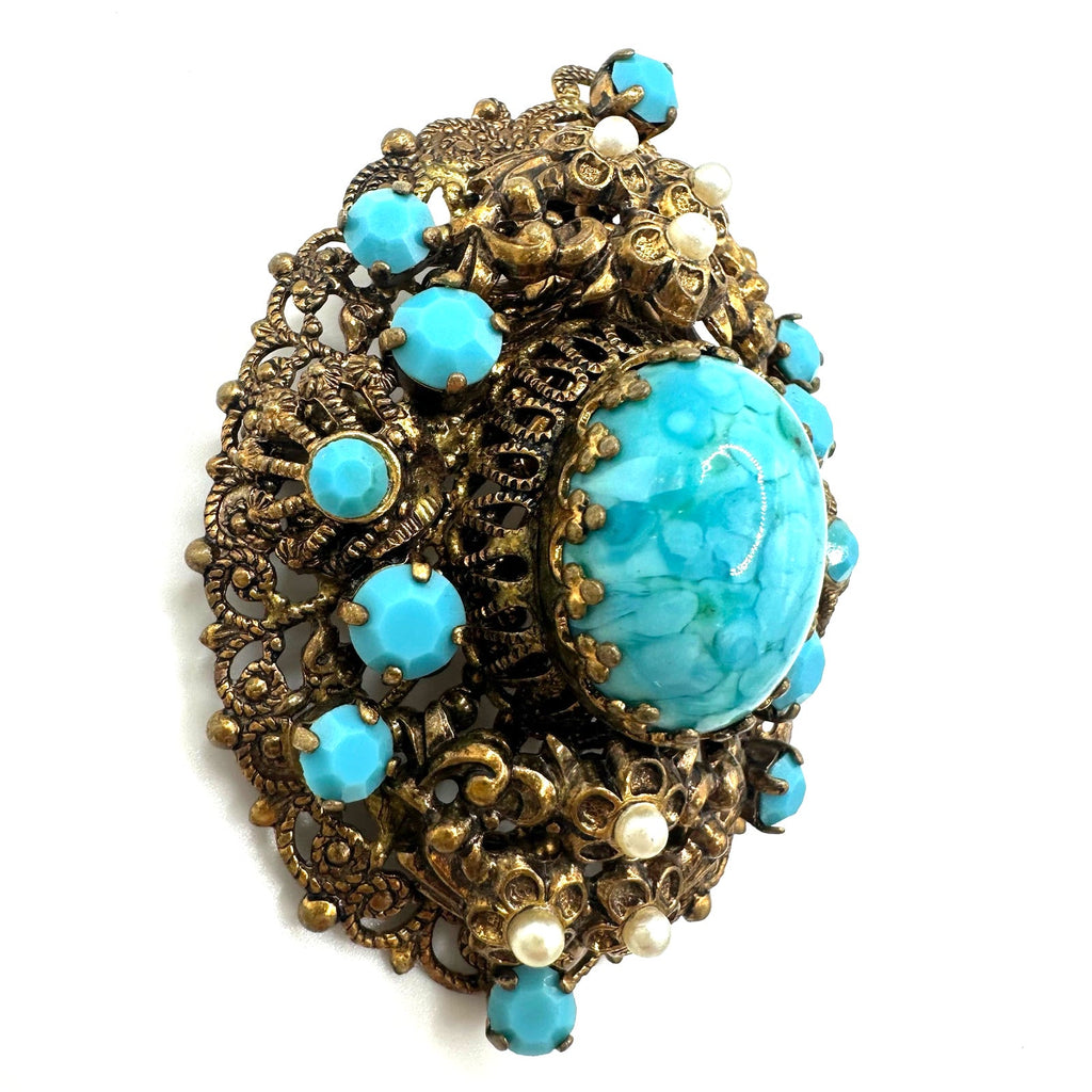 West Germany vintage gold tone turquoise art glass rhinestones brooch pendant