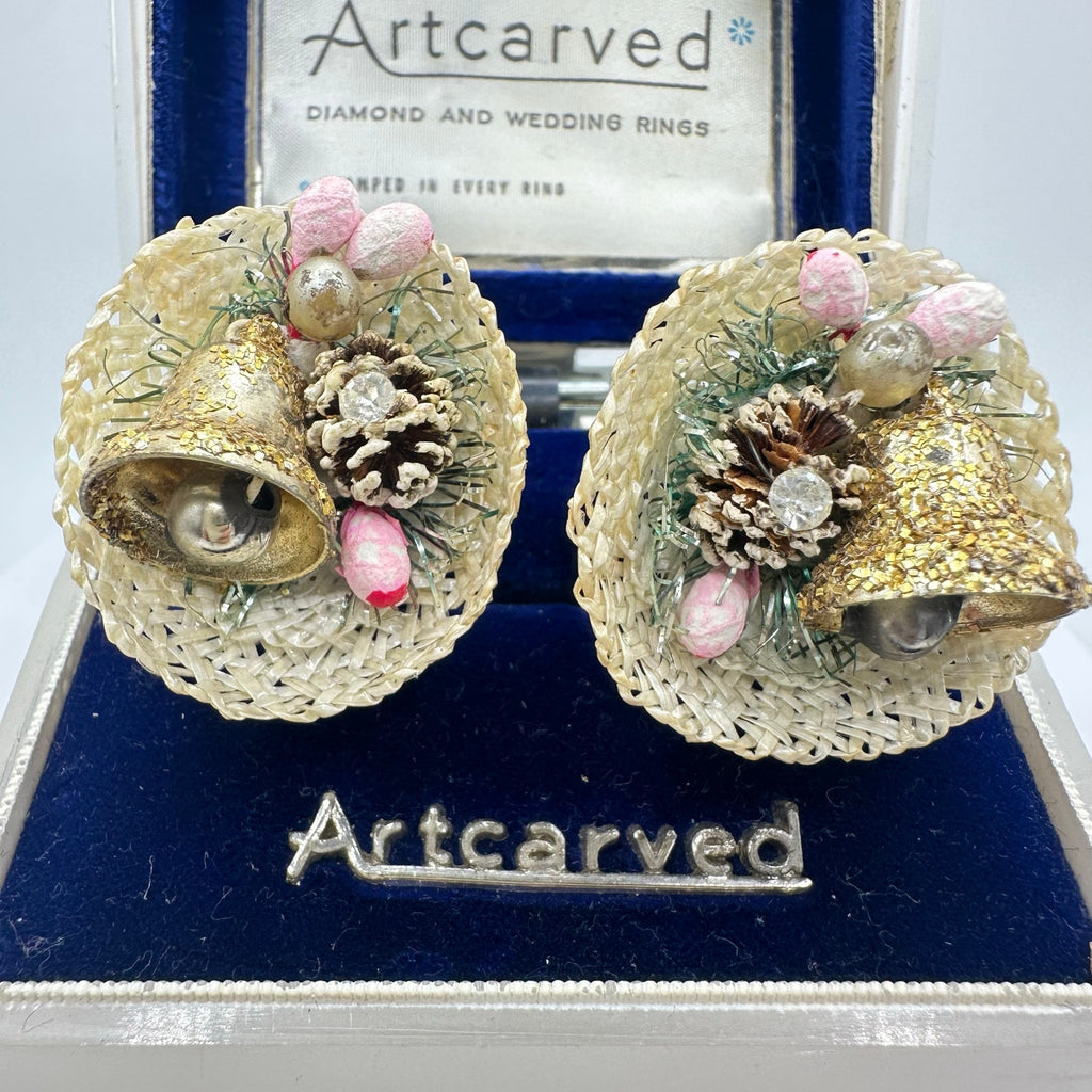 Japan vintage woven baskets pinecone bells berry beaded clip on earrings