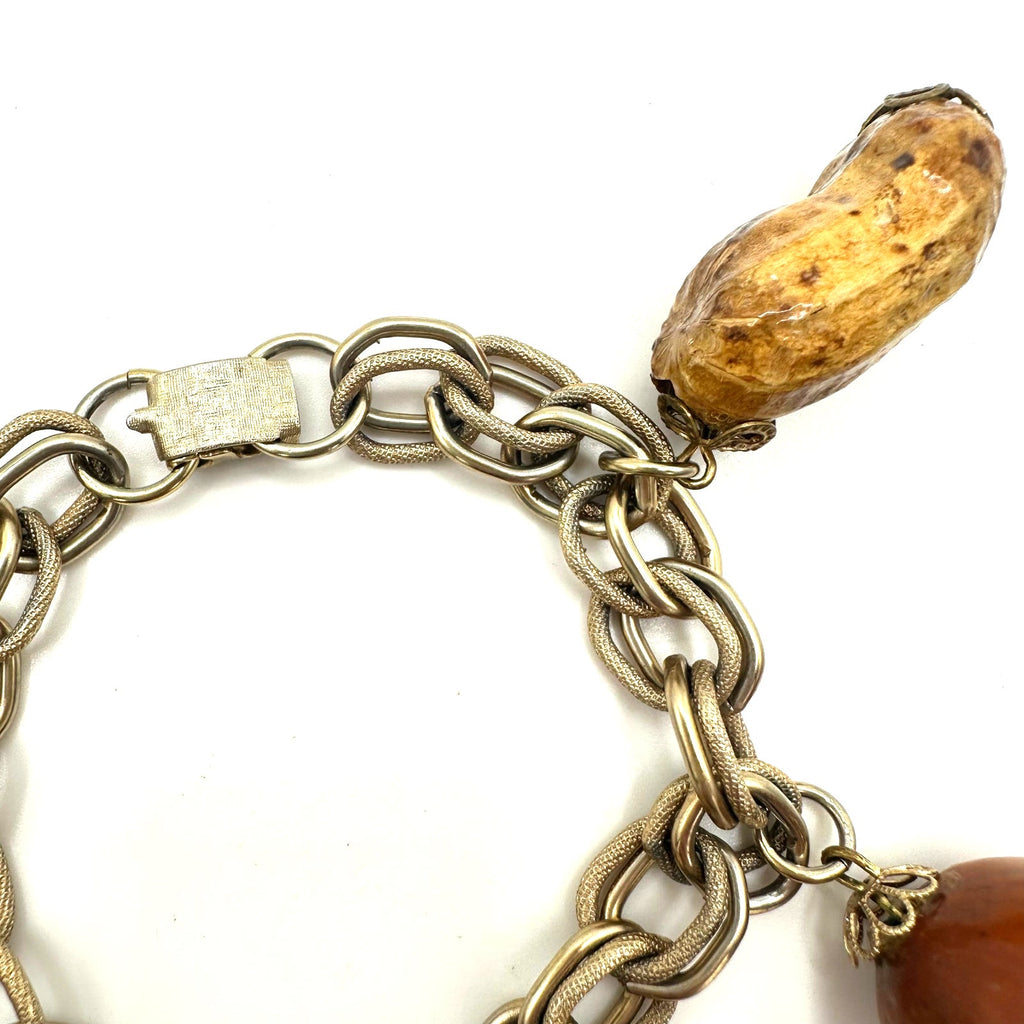 Vintage gold tone real peanuts chestnuts chunky statement chain charms bracelet