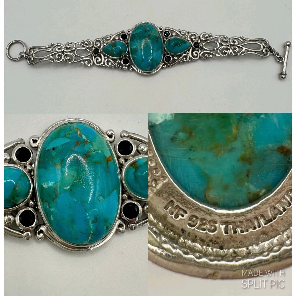 NF Thailand 925 sterling silver turquoise cabochons black rhinestones bracelet
