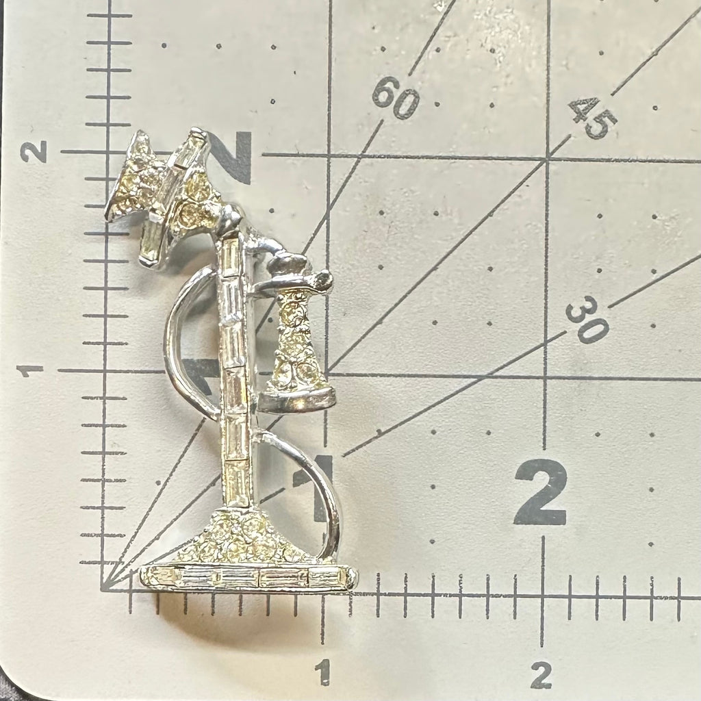 Vintage retro silver tone rhodium plated clear rhinestones telephone brooch